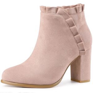 Round Toe Ruffle Ankle Boots Dust Pink Chunky Heel Boots for Women